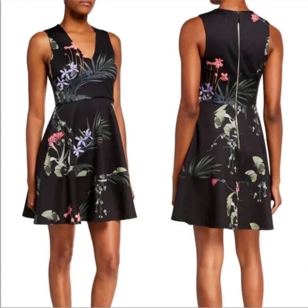 Ted Baker Black Dress with Floral Accents size 4 US v neck skater dress